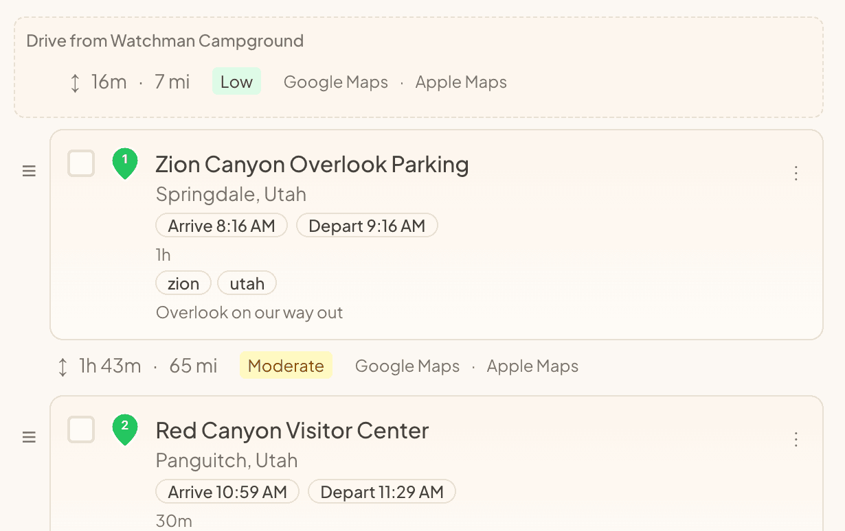 Day-by-Day Stops feature